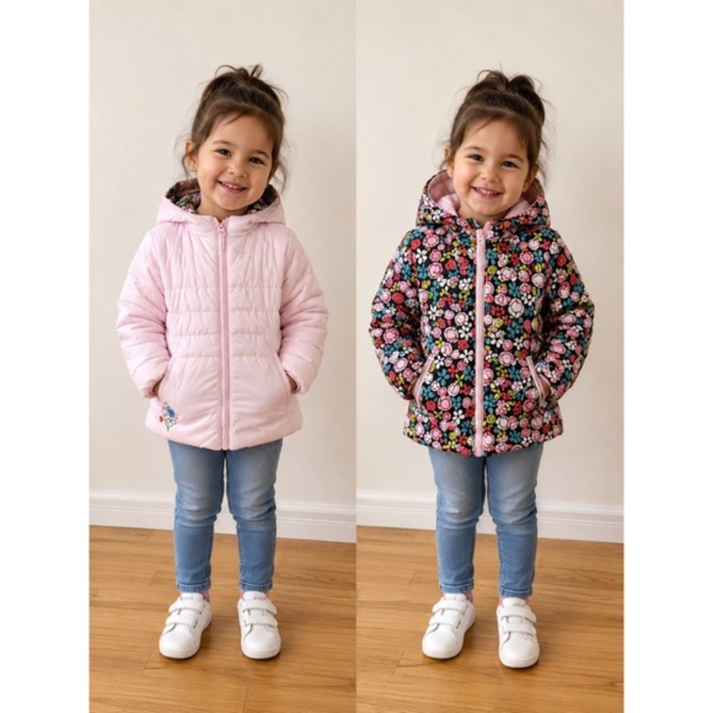 Boboli Reversible Puffer Jacket Girls Size 3 98cm Pink Floral Hooded‎ Coat
